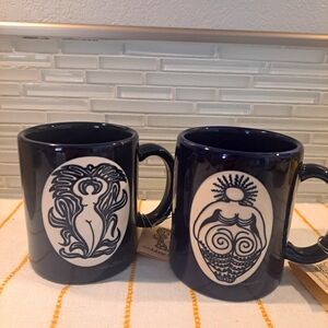 2 Anne Marston Cobalt Blue Goddess Etched Coffee Mugs Cups. New with Tags